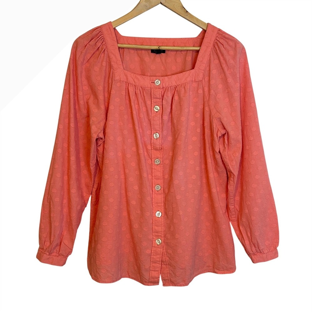 Talbots Womens Cotton Square‎ Neck Button Front Blouse Size L Dots Puff Sleeve